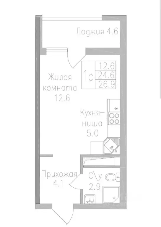 Студия Липецкая область, Липецк ул. Тельмана, 1 (26.9 м) - Фото 2