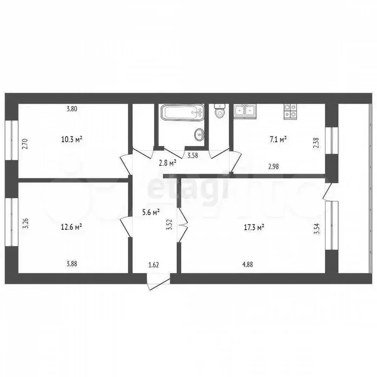 3-к. квартира, 60,7 м, 5/5 эт. - Фото 0