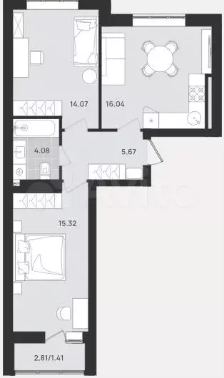 2-к. квартира, 56,6 м, 7/9 эт. - Фото 1