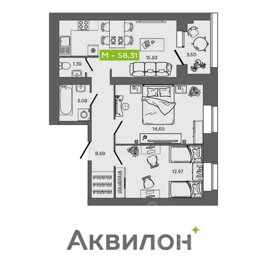 2-к кв. Архангельская область, Северодвинск Квартал № 100 жилой ... - Фото 0