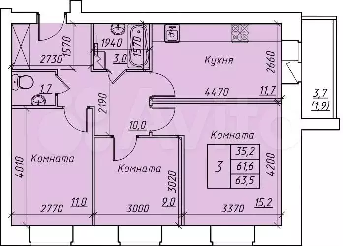 3-к. квартира, 63,5 м, 6/9 эт. - Фото 0