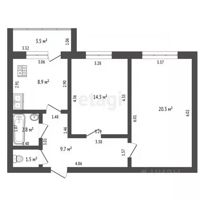 2-к кв. Башкортостан, Стерлитамак Полевая ул., 23 (59.3 м) - Фото 1