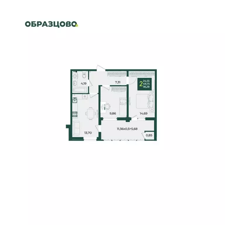 2-комнатная квартира: Краснодар, микрорайон Образцово (56.28 м) - Фото 0
