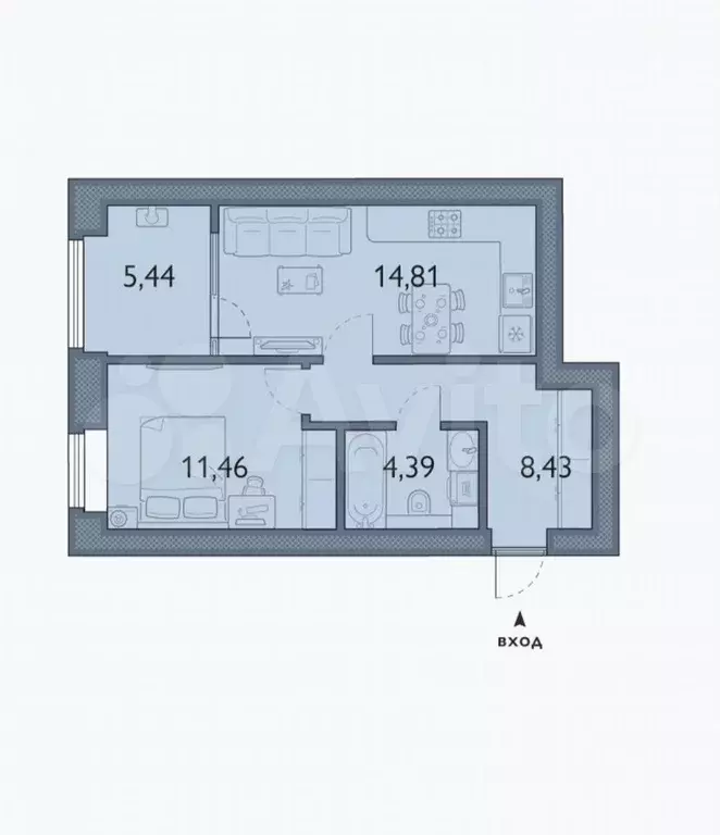 1-к. квартира, 44,5 м, 5/6 эт. - Фото 1
