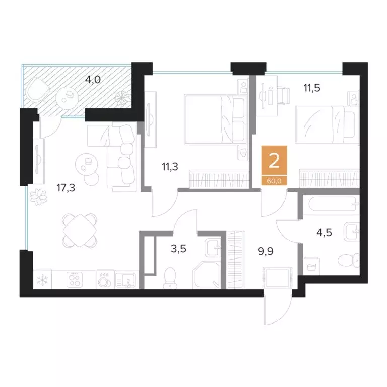 2-комнатная квартира: Курск, ЖК Парковый квартал Чувства (60 м) - Фото 1