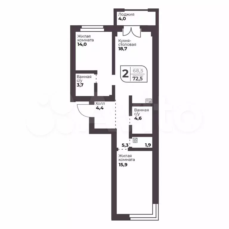 2-к. квартира, 68,5 м, 4/9 эт. - Фото 0