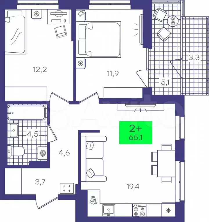 2-к. квартира, 65 м, 5/15 эт. - Фото 1