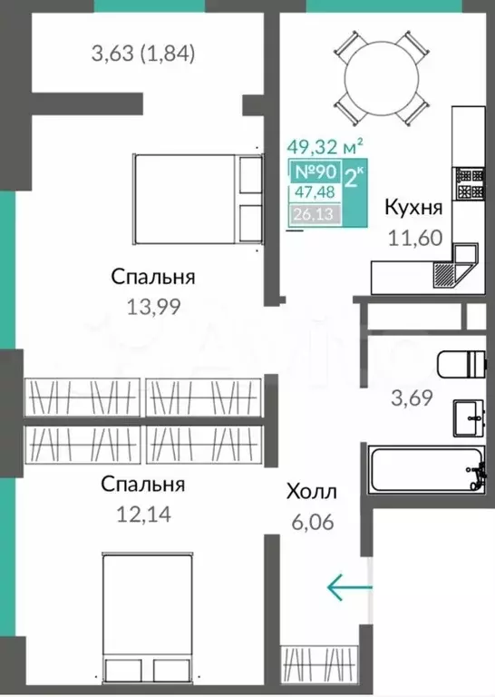 2-к. квартира, 49,3 м, 12/16 эт. - Фото 1