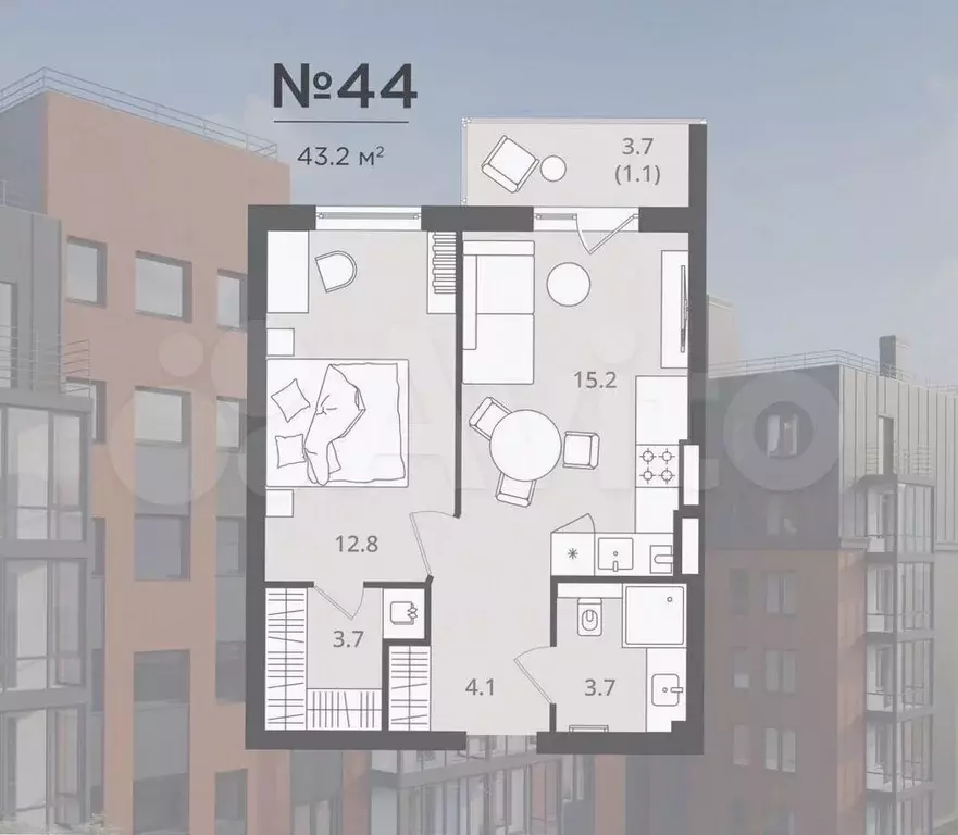 1-к. квартира, 42,9 м, 3/7 эт. - Фото 0