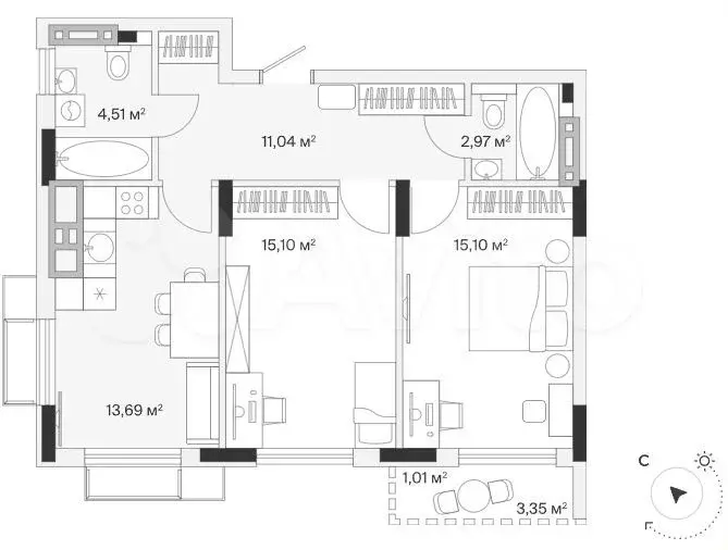 2-к. квартира, 64,1 м, 7/7 эт. - Фото 1