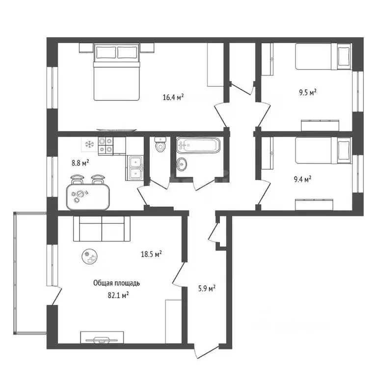 4-к кв. Новосибирская область, Новосибирск Киевская ул., 18/1 (82.1 м) - Фото 1