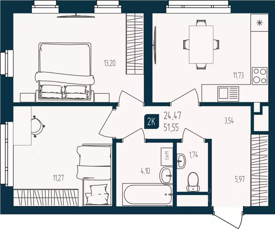 2-к кв. Тюменская область, Тюмень  (51.55 м) - Фото 1