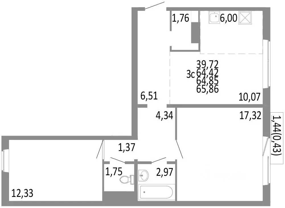 3-к кв. Челябинская область, Челябинск ул. Блюхера, 125Б (64.85 м) - Фото 0
