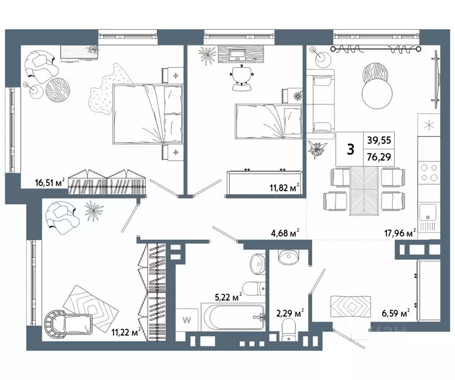 3-к кв. Башкортостан, Уфа 42-й кв-л,  (76.39 м) - Фото 1