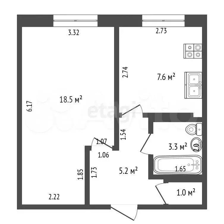 1-к. квартира, 35,6 м, 5/5 эт. - Фото 0