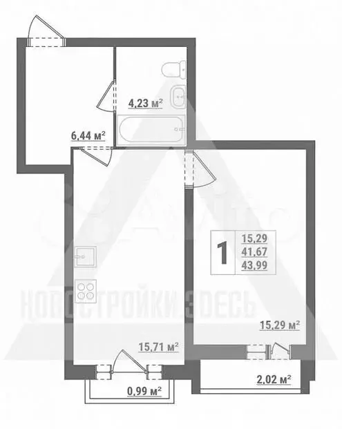 1-к. квартира, 44 м, 7/8 эт. - Фото 1