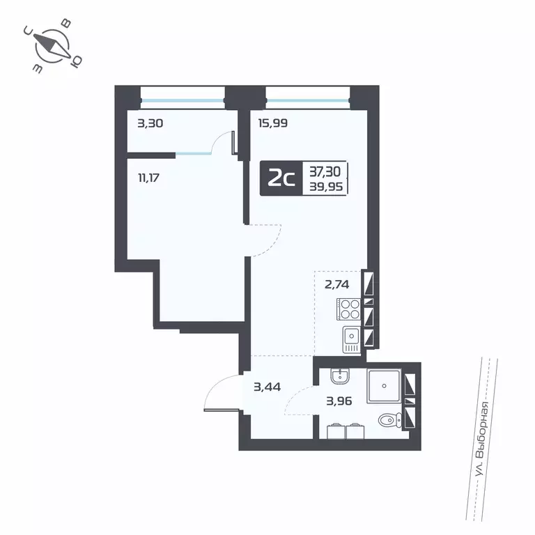 2-к квартира, 38.95 м - Фото 0