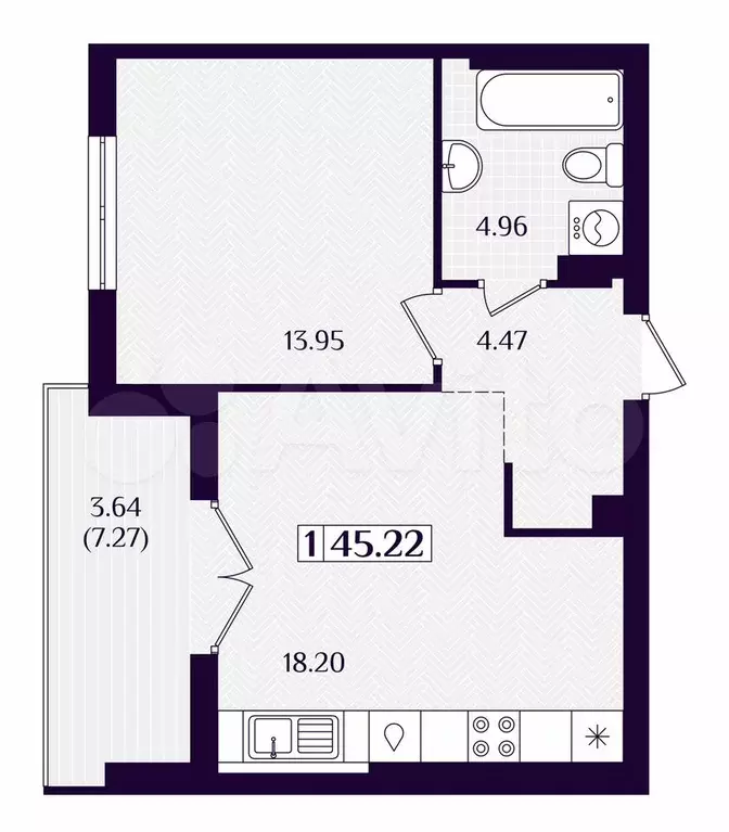1-к. квартира, 45,2 м, 4/7 эт. - Фото 1