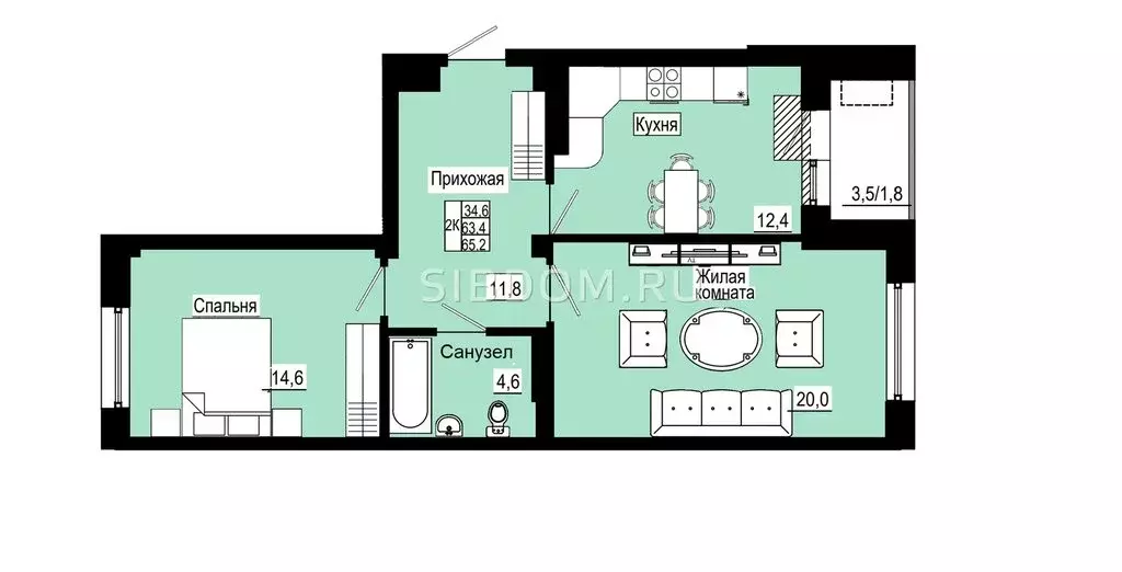 2-комнатная квартира: Красноярск, Свердловская улица, 6Е (65.1 м) - Фото 2