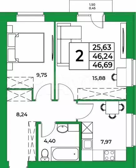 2-к. квартира, 46,7 м, 7/9 эт. - Фото 0