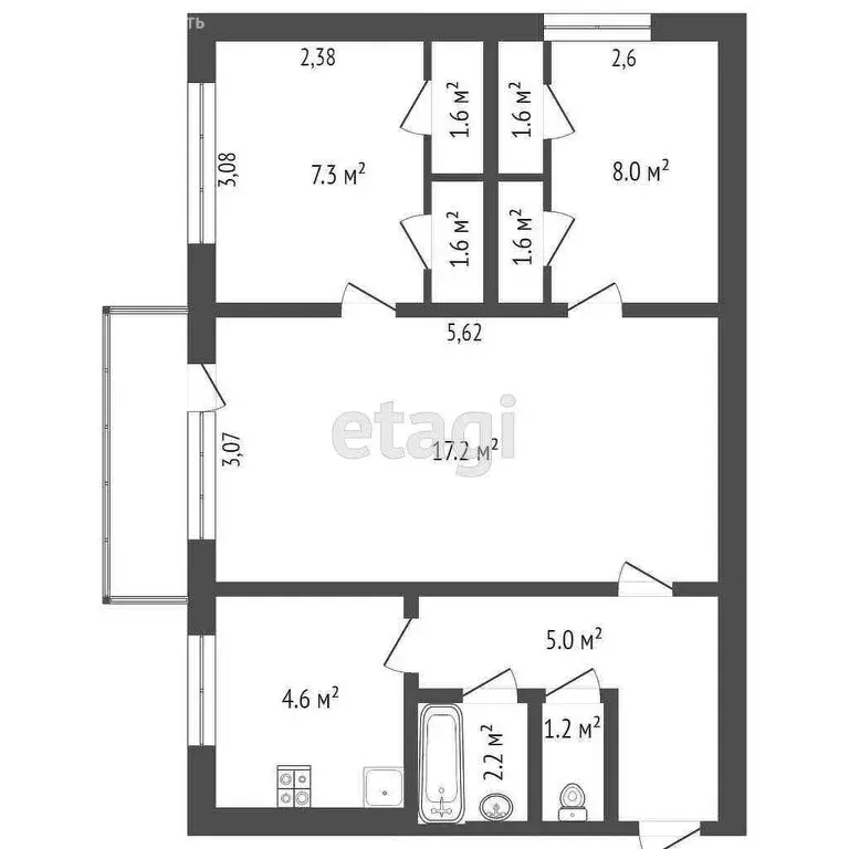 3-комнатная квартира: Берёзовка, Школьная улица, 14 (58.5 м) - Фото 1