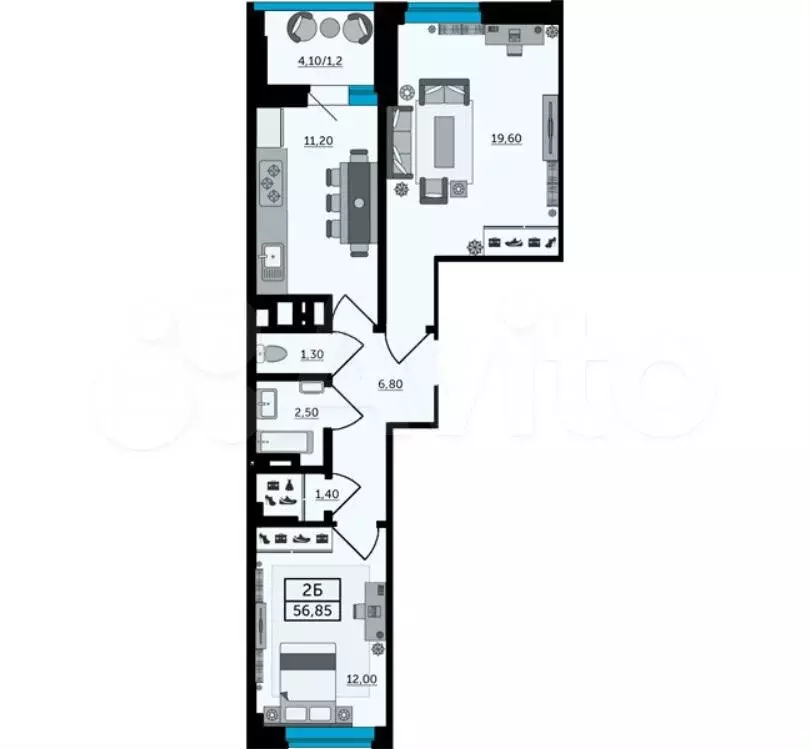 2-к. квартира, 57,7 м, 24/25 эт. - Фото 1