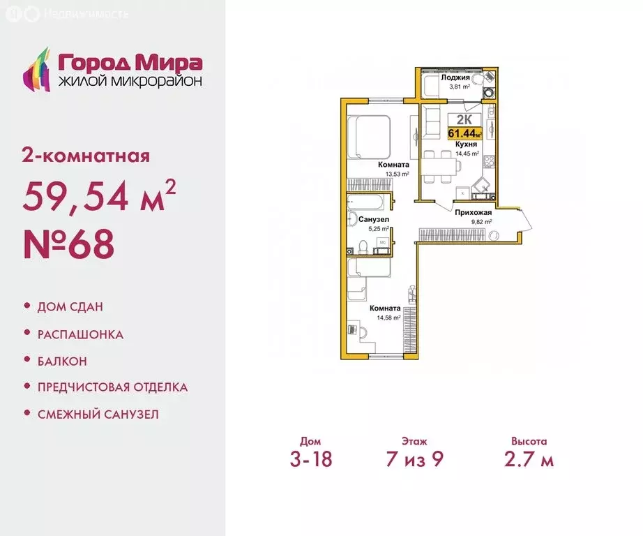 2-комнатная квартира: Симферополь, улица Батурина, 147 (59.54 м) - Фото 0