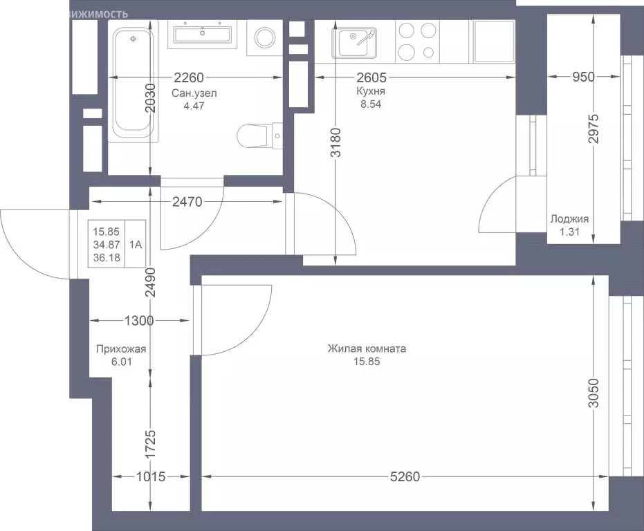 1-комнатная квартира: Казань, ЖК Мой Ритм (36.18 м) - Фото 1