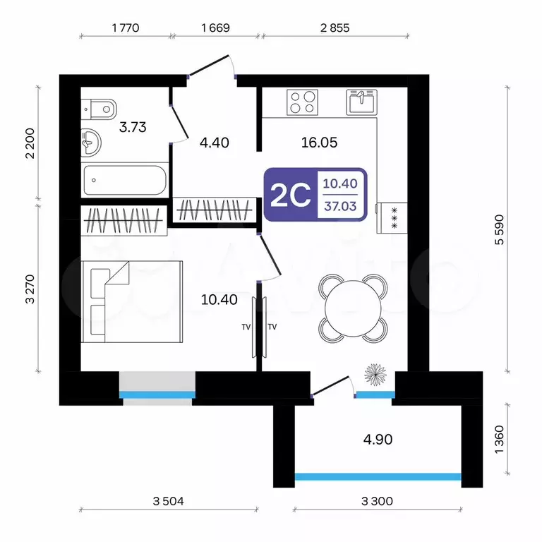 2-к. квартира, 37 м, 7/9 эт. - Фото 0