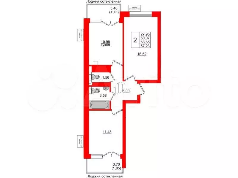 2-к. квартира, 53,7 м, 2/6 эт. - Фото 1