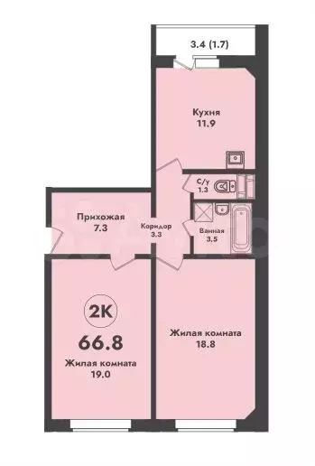2-к. квартира, 66,8 м, 7/17 эт. - Фото 0