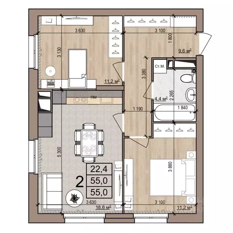 2-к кв. Рязанская область, Рязань ул. Новоселов, 33Б (55.0 м) - Фото 1