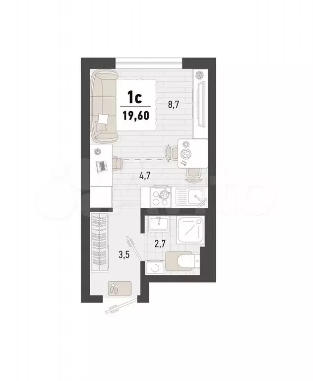 Квартира-студия, 19,6 м, 9/15 эт. - Фото 0