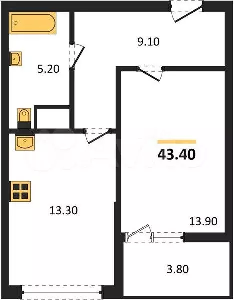 1-к. квартира, 43,4 м, 2/4 эт. - Фото 1