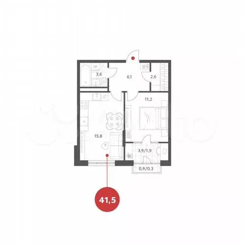 1-к. квартира, 41,5 м, 4/4 эт. - Фото 0