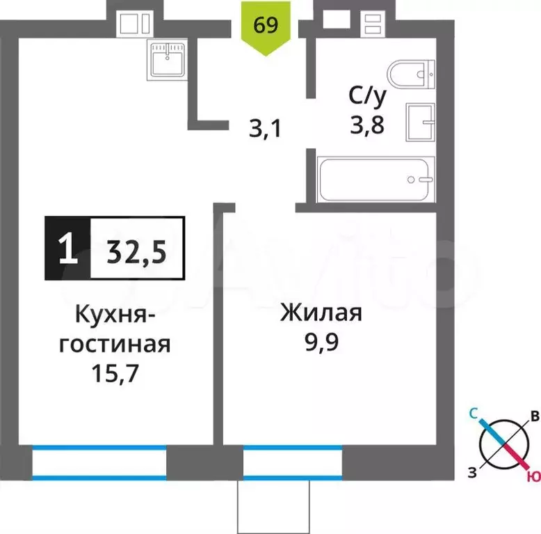 1-к. квартира, 32,5 м, 3/9 эт. - Фото 0