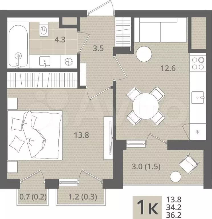 1-к. квартира, 36,2 м, 7/7 эт. - Фото 1