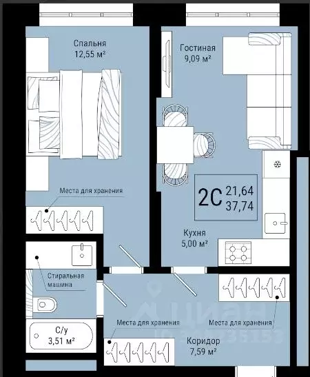 2-к кв. Башкортостан, Уфа ул. Летчиков, 2 (37.25 м) - Фото 1