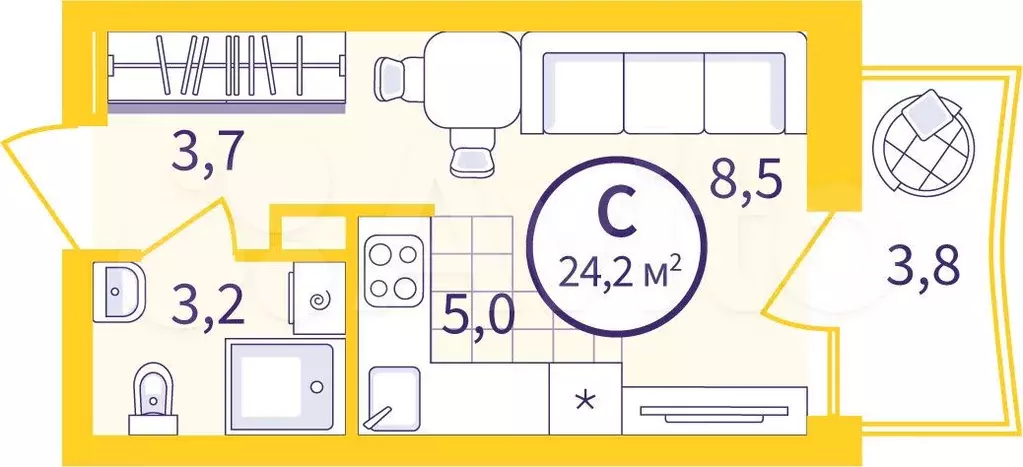Квартира-студия, 21,6 м, 7/9 эт. - Фото 0