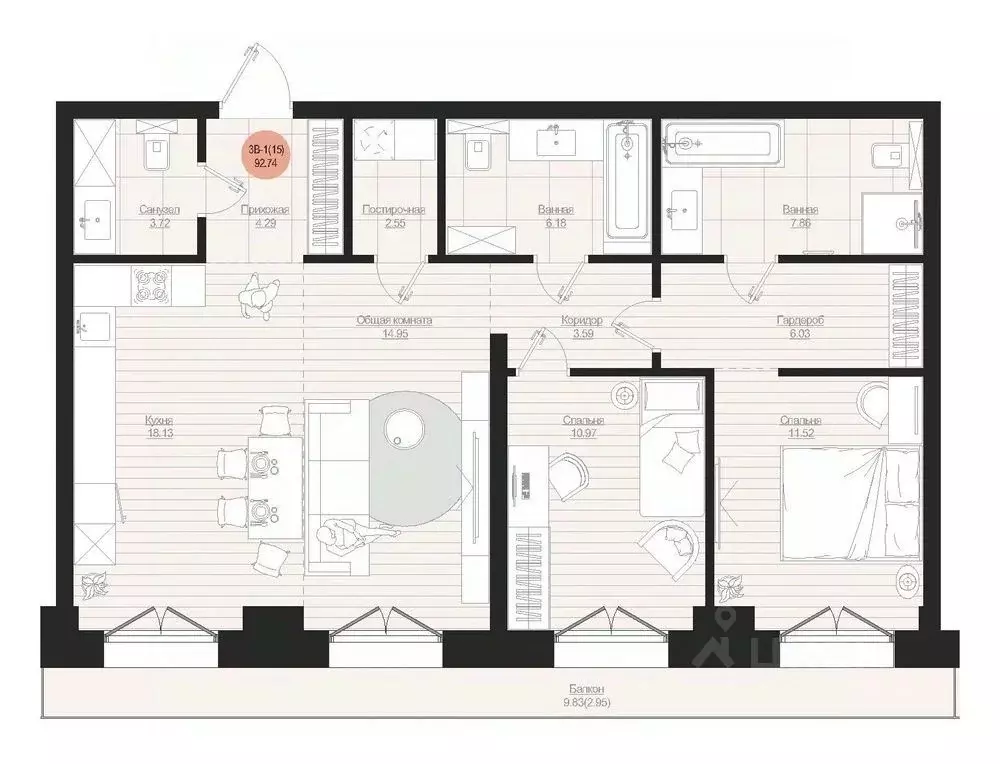 3-к кв. Татарстан, Казань Яналиф жилой комплекс (92.74 м) - Фото 2