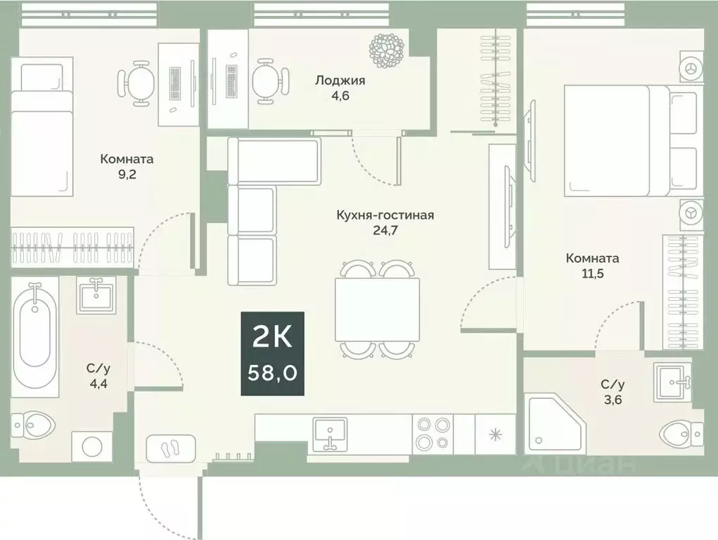 2-к кв. Курганская область, Курган Заозерный жилрайон, 6А мкр, ул. ... - Фото 1