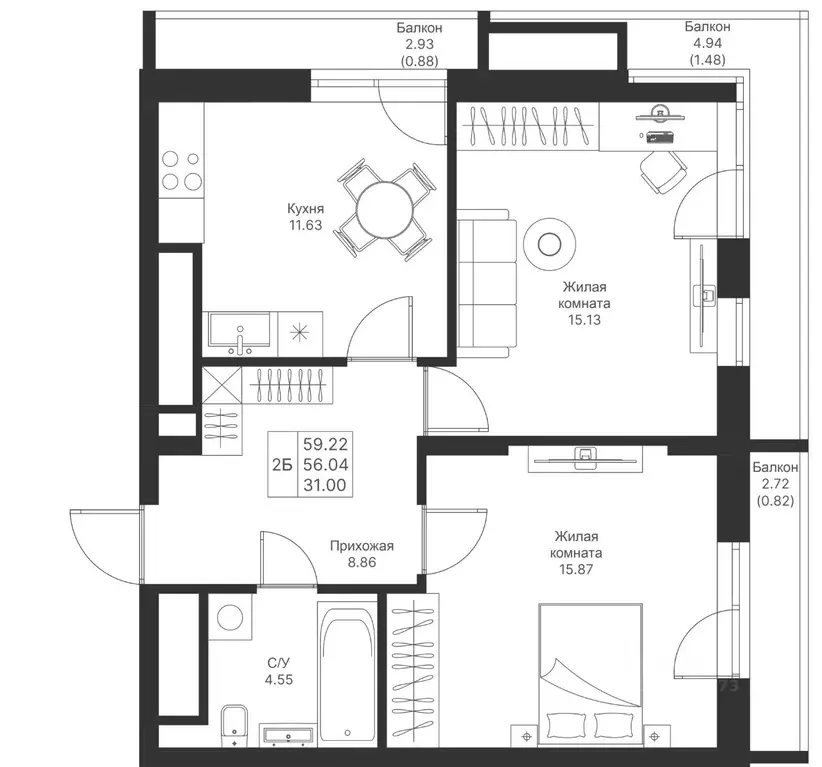 2-к кв. Татарстан, Казань Мой Ритм жилой комплекс (59.22 м) - Фото 0