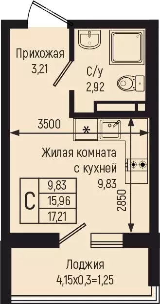 Квартира-студия: село Небуг, квартал Спортивный (17.21 м) - Фото 0