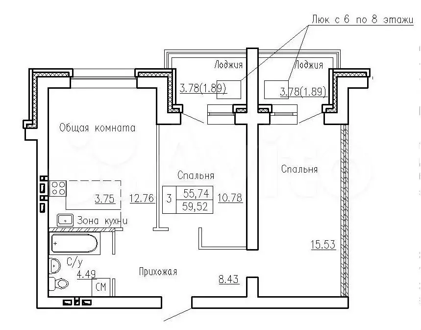 3-к. квартира, 59,5 м, 4/8 эт. - Фото 0