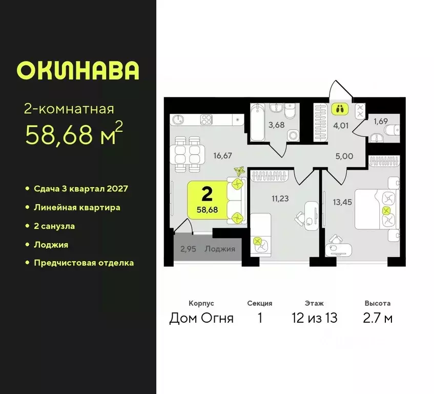 2-к кв. Тюменская область, Тюмень Окинава жилой комплекс (58.68 м) - Фото 0