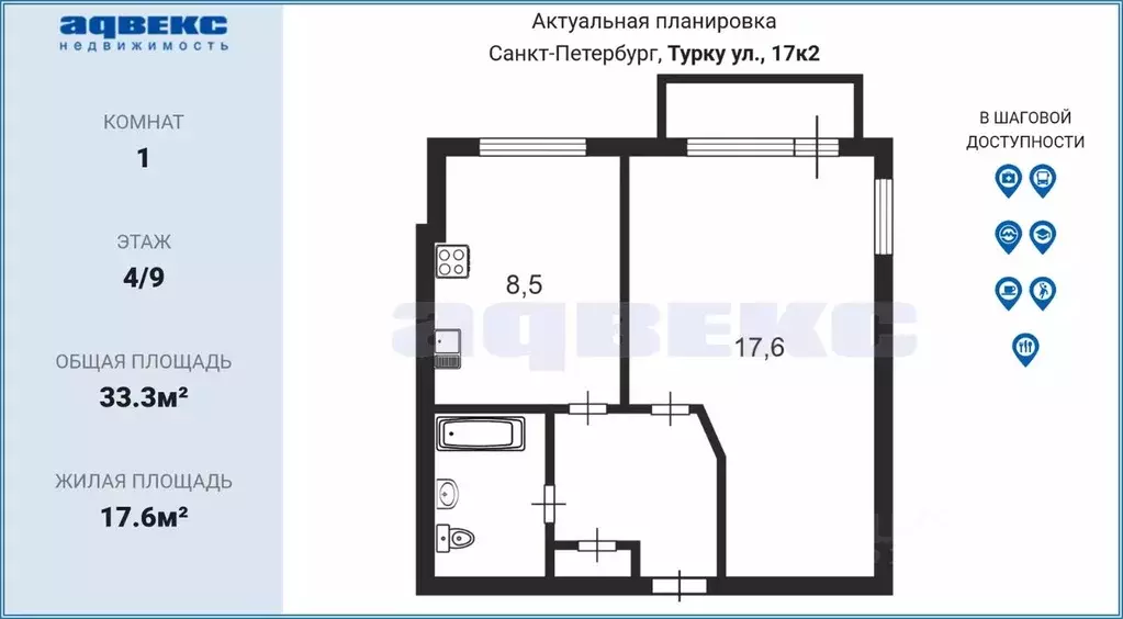 1-к кв. Санкт-Петербург ул. Турку, 17К2 (33.3 м) - Фото 1