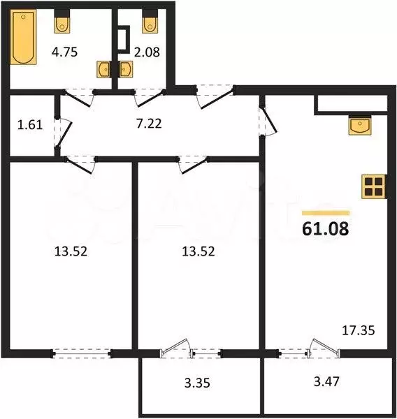 2-к. квартира, 61,1 м, 13/16 эт. - Фото 1