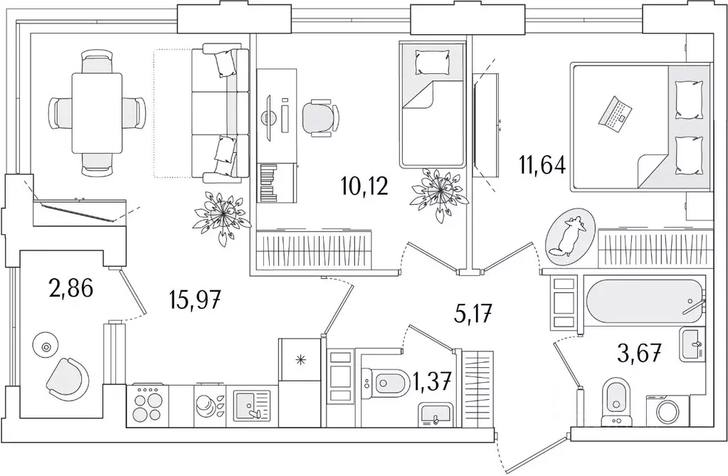 2-к кв. Санкт-Петербург ул. Фучика, 12к2Г1 (49.37 м) - Фото 0