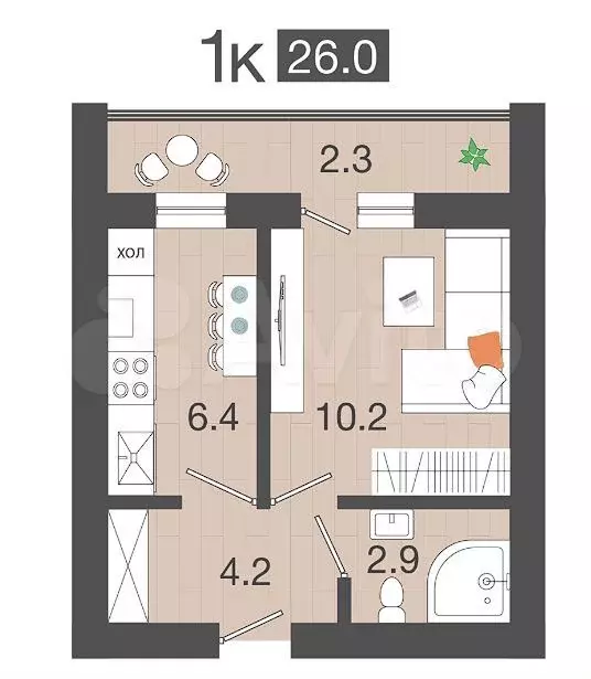 1-к. квартира, 26 м, 1/4 эт. - Фото 1