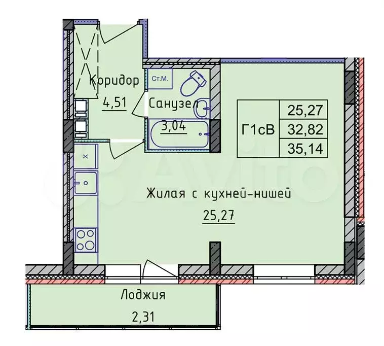 Квартира-студия, 35,1 м, 4/8 эт. - Фото 0